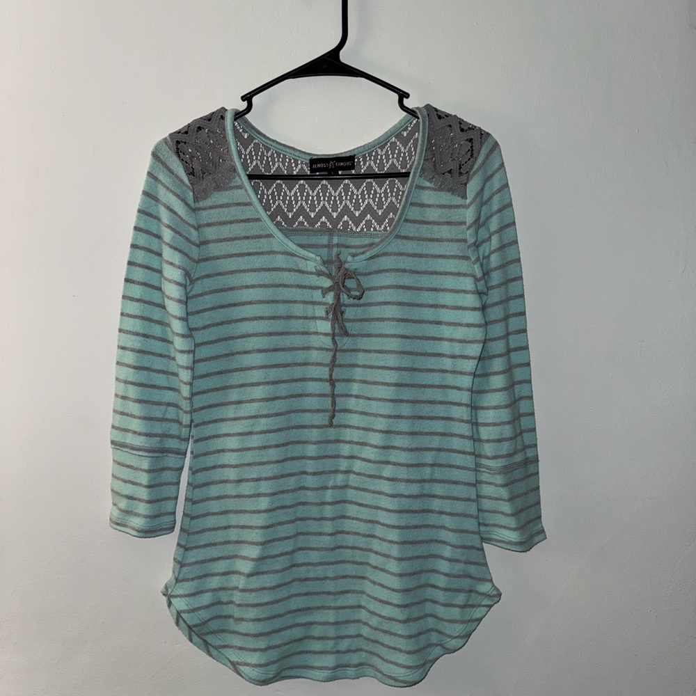 Almost Famous Aqua and Charcoal Striped Long Sleeve Top